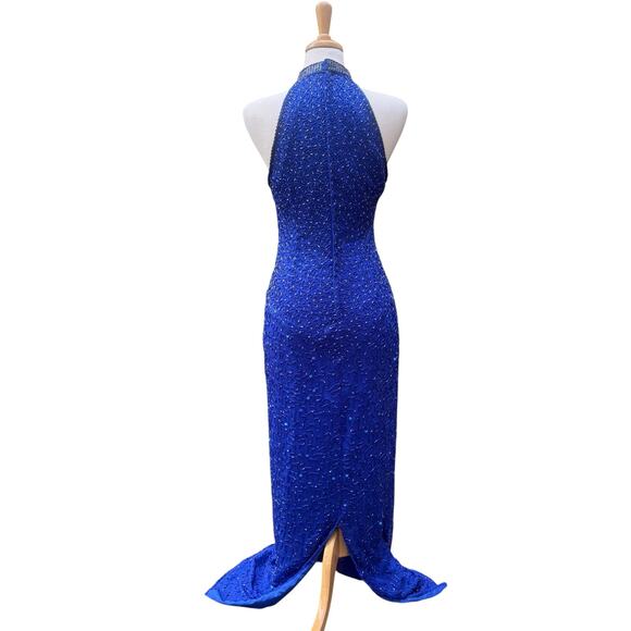 VTG Y2K Beaded Dress Gown Sz 12 Blue Maxi Bodycon Glam Fairycore Evening Formal - Picture 2 of 16